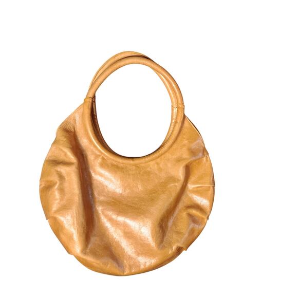 Rare HTF Zina Eva Pleated Camel Tan Leather Circle Shoulder Bag Purse EUC Boho - Picture 2 of 12